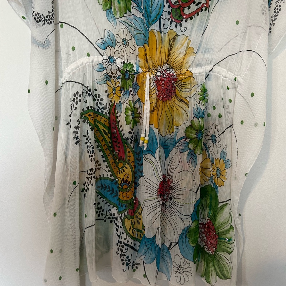 Floral Sheer Swim Coverup with Beaded Neckline - Picture 5 of 7